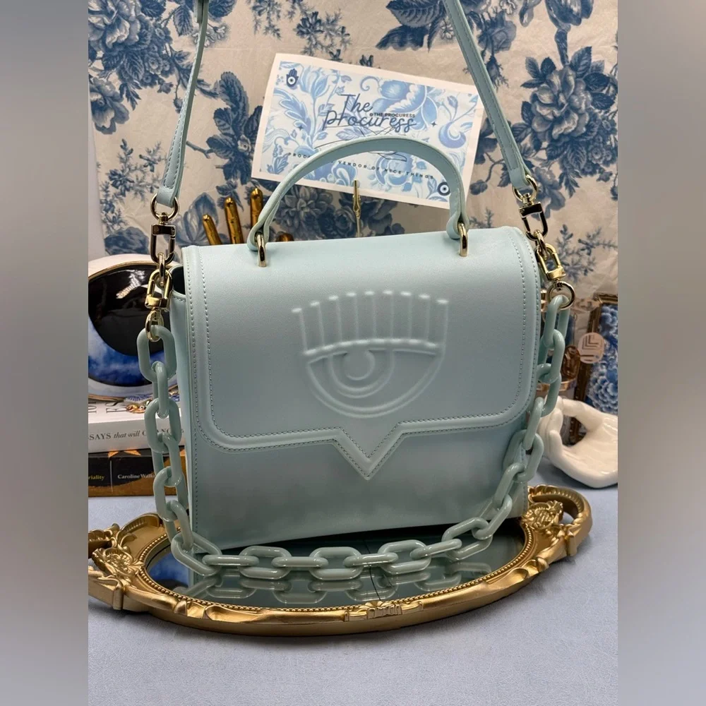 🆕 CHIARA FERRAGNI 🧿 NWOT Pale Blue Eyelike Tote Bag, Top Handle, Chain & Strap